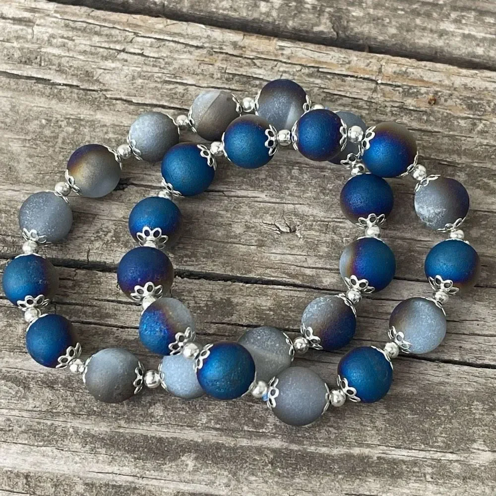 Druzy Peacock Aura Agate Crystal 10mm NEW blue purple white gold bracelet ONE st